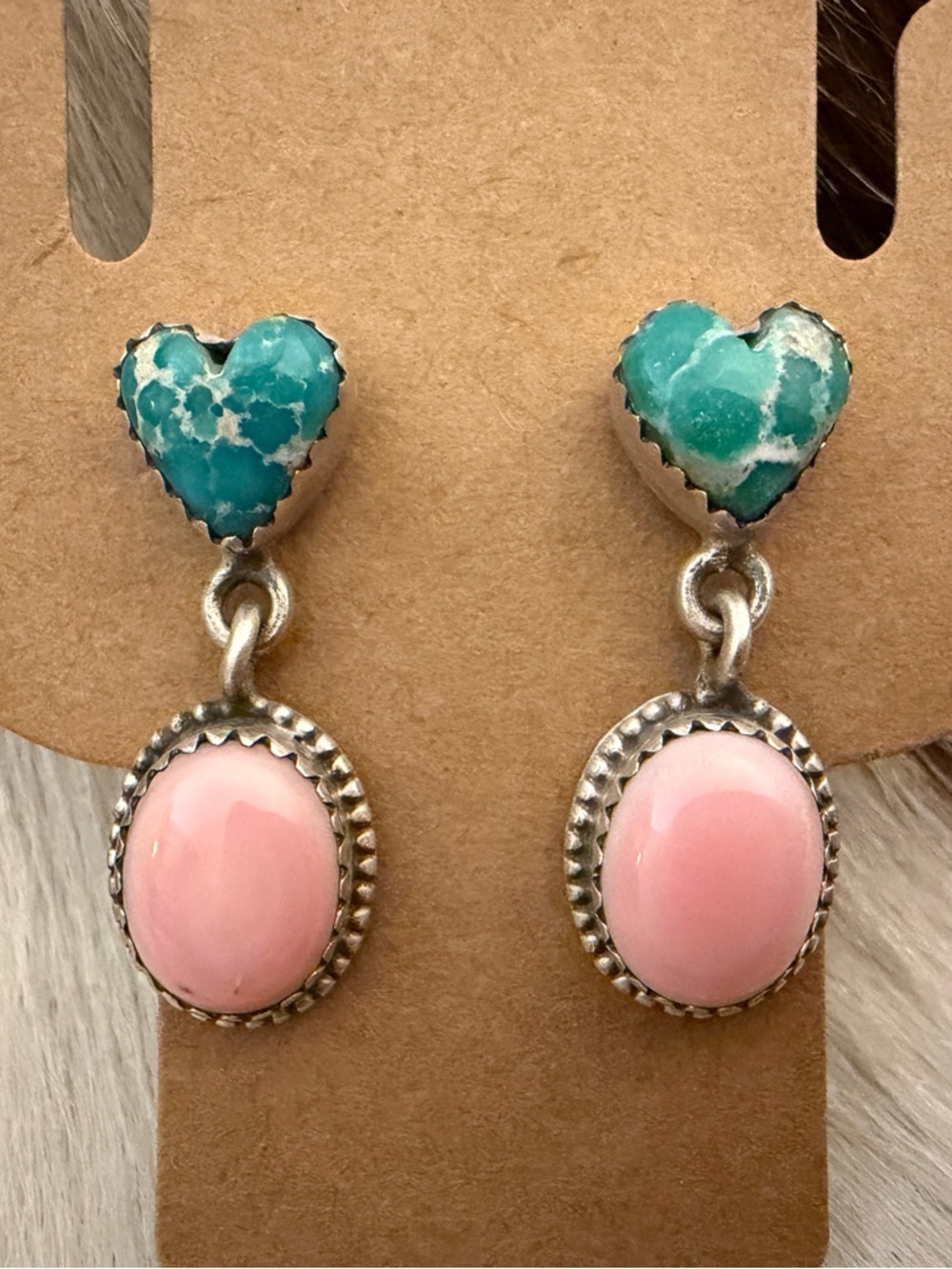 ❤️ Heart Shape White Water Turquoise & Queen Pink Conch Sterling Dangle Earrings